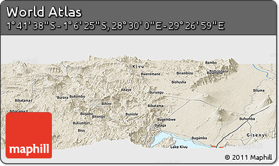 Shaded Relief Panoramic Map of the Area around 1° 24' 2" S, 28° 58' 30" E