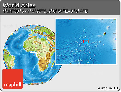 Physical Location Map of the Area around 1° 24' 2" S, 2° 37' 30" E