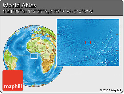 Physical Location Map of the Area around 1° 24' 2" S, 2° 28' 30" W