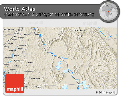 Shaded Relief 3D Map of the Area around 1° 24' 2" S, 30° 40' 29" E