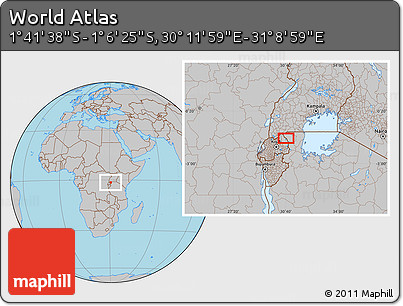 Gray Location Map of the Area around 1° 24' 2" S, 30° 40' 29" E