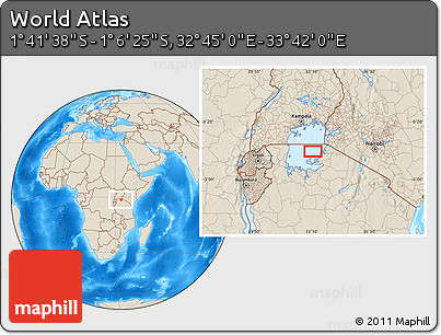 Shaded Relief Location Map of the Area around 1° 24' 2" S, 33° 13' 30" E