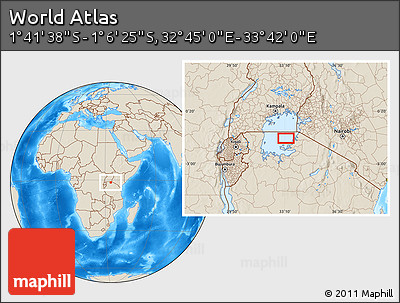 Shaded Relief Location Map of the Area around 1° 24' 2" S, 33° 13' 30" E