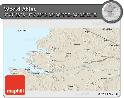 Shaded Relief 3D Map of the Area around 1° 24' 2" S, 34° 4' 30" E