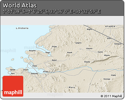 Shaded Relief 3D Map of the Area around 1° 24' 2" S, 34° 4' 30" E