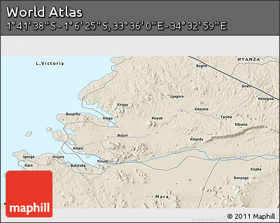 Shaded Relief 3D Map of the Area around 1° 24' 2" S, 34° 4' 30" E