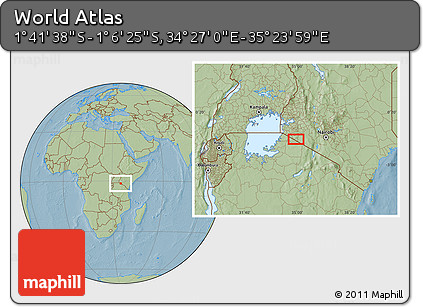 Savanna Style Location Map of the Area around 1° 24' 2" S, 34° 55' 29" E, hill shading