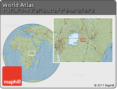 Savanna Style Location Map of the Area around 1° 24' 2" S, 34° 55' 29" E, hill shading