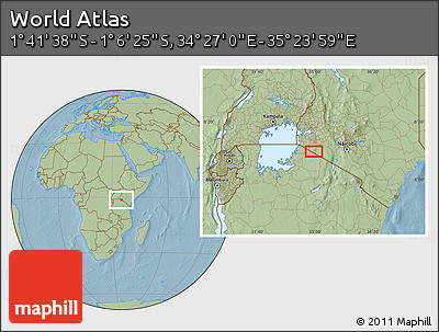 Savanna Style Location Map of the Area around 1° 24' 2" S, 34° 55' 29" E, hill shading