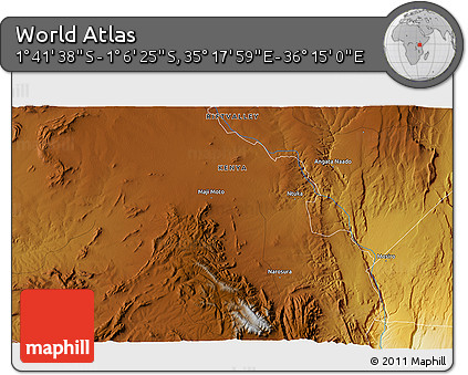 Physical 3D Map of the Area around 1° 24' 2" S, 35° 46' 29" E