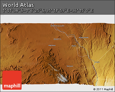 Physical 3D Map of the Area around 1° 24' 2" S, 35° 46' 29" E