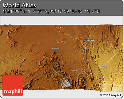 Physical 3D Map of the Area around 1° 24' 2" S, 35° 46' 29" E