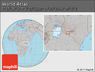 Gray Location Map of the Area around 1° 24' 2" S, 35° 46' 29" E