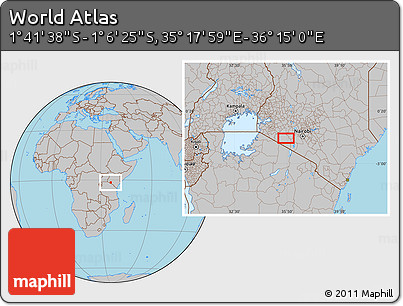 Gray Location Map of the Area around 1° 24' 2" S, 35° 46' 29" E