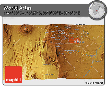 Physical 3D Map of the Area around 1° 24' 2" S, 36° 37' 30" E