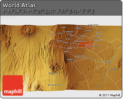 Physical 3D Map of the Area around 1° 24' 2" S, 36° 37' 30" E