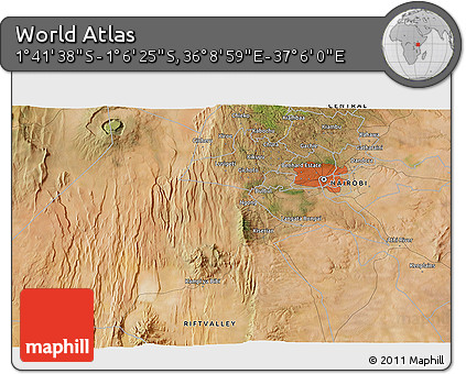 Satellite 3D Map of the Area around 1° 24' 2" S, 36° 37' 30" E