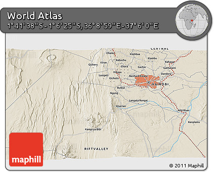Shaded Relief 3D Map of the Area around 1° 24' 2" S, 36° 37' 30" E