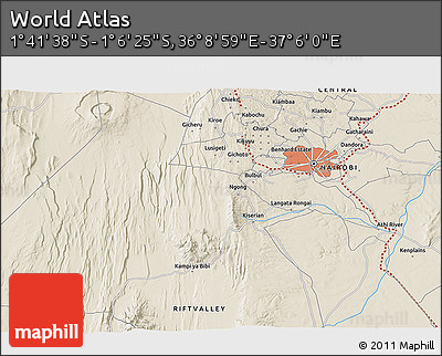 Shaded Relief 3D Map of the Area around 1° 24' 2" S, 36° 37' 30" E