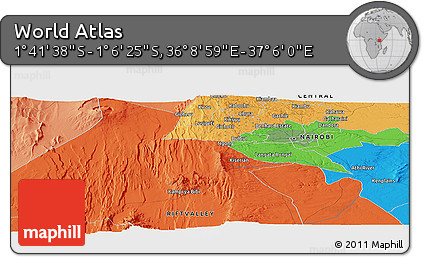 Political Panoramic Map of the Area around 1° 24' 2" S, 36° 37' 30" E