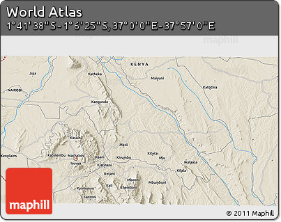 Shaded Relief 3D Map of the Area around 1° 24' 2" S, 37° 28' 30" E