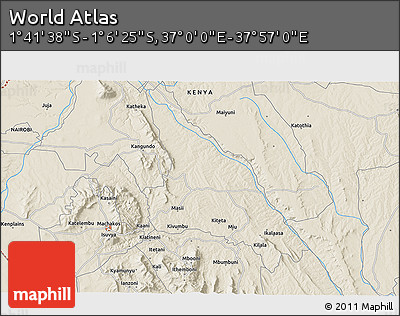 Shaded Relief 3D Map of the Area around 1° 24' 2" S, 37° 28' 30" E