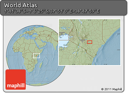 Savanna Style Location Map of the Area around 1° 24' 2" S, 38° 19' 30" E, hill shading