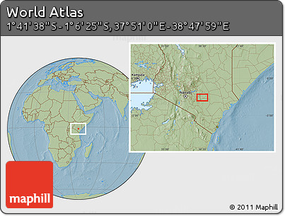 Savanna Style Location Map of the Area around 1° 24' 2" S, 38° 19' 30" E, hill shading