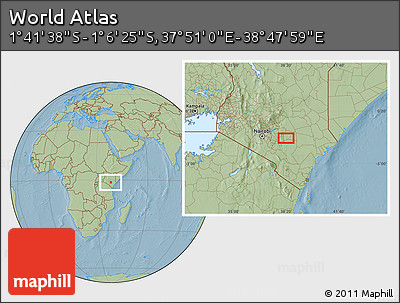 Savanna Style Location Map of the Area around 1° 24' 2" S, 38° 19' 30" E, hill shading