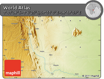Physical Map of the Area around 1° 24' 2" S, 38° 19' 30" E
