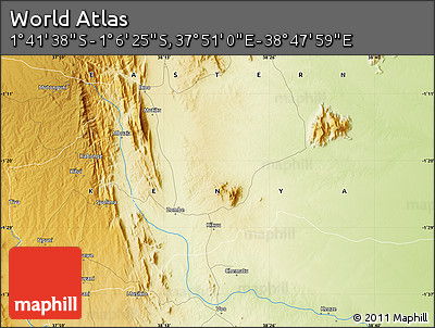 Physical Map of the Area around 1° 24' 2" S, 38° 19' 30" E