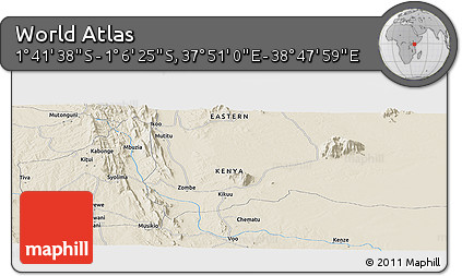 Shaded Relief Panoramic Map of the Area around 1° 24' 2" S, 38° 19' 30" E