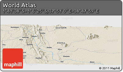 Shaded Relief Panoramic Map of the Area around 1° 24' 2" S, 38° 19' 30" E