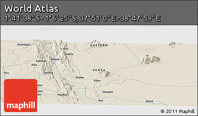 Shaded Relief Panoramic Map of the Area around 1° 24' 2" S, 38° 19' 30" E