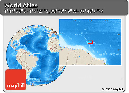 Shaded Relief Location Map of the Area around 1° 24' 2" S, 38° 10' 29" W