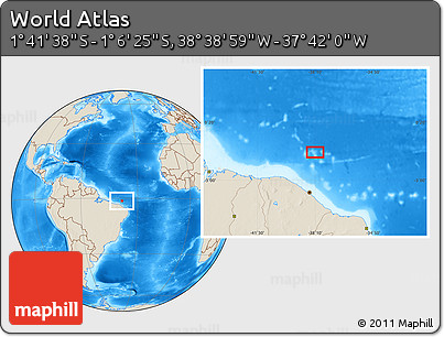 Shaded Relief Location Map of the Area around 1° 24' 2" S, 38° 10' 29" W