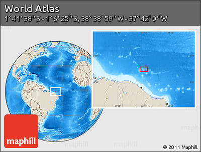 Shaded Relief Location Map of the Area around 1° 24' 2" S, 38° 10' 29" W