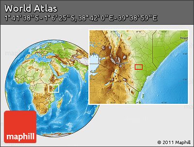 Physical Location Map of the Area around 1° 24' 2" S, 39° 10' 29" E