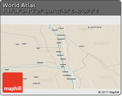 Shaded Relief 3D Map of the Area around 1° 24' 2" S, 40° 1' 29" E