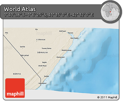 Shaded Relief 3D Map of the Area around 1° 24' 2" S, 41° 43' 30" E