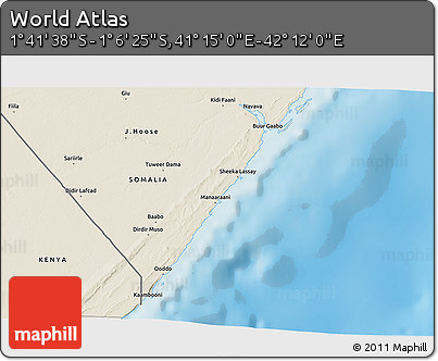Shaded Relief 3D Map of the Area around 1° 24' 2" S, 41° 43' 30" E