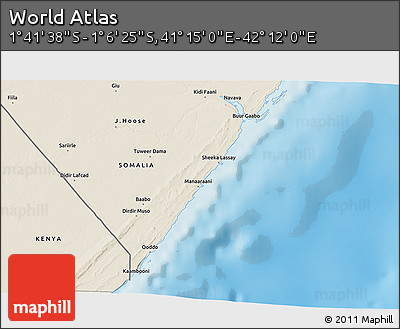 Shaded Relief 3D Map of the Area around 1° 24' 2" S, 41° 43' 30" E