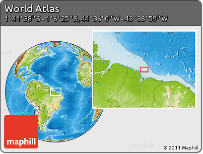 Physical Location Map of the Area around 1° 24' 2" S, 44° 7' 30" W