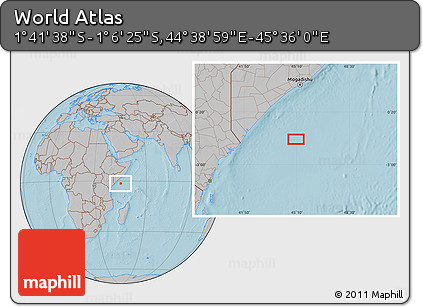 Gray Location Map of the Area around 1° 24' 2" S, 45° 7' 30" E, hill shading