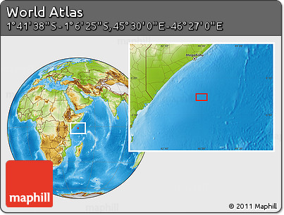 Physical Location Map of the Area around 1° 24' 2" S, 45° 58' 30" E