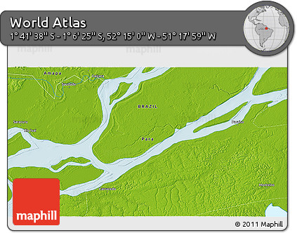 Physical 3D Map of the Area around 1° 24' 2" S, 51° 46' 29" W