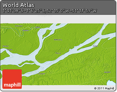Physical 3D Map of the Area around 1° 24' 2" S, 51° 46' 29" W
