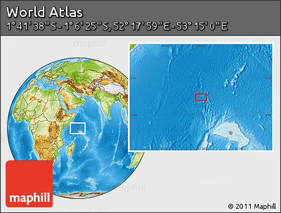 Physical Location Map of the Area around 1° 24' 2" S, 52° 46' 29" E
