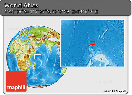 Physical Location Map of the Area around 1° 24' 2" S, 53° 37' 30" E