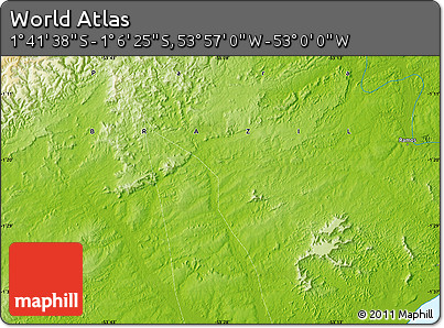 Physical Map of the Area around 1° 24' 2" S, 53° 28' 30" W